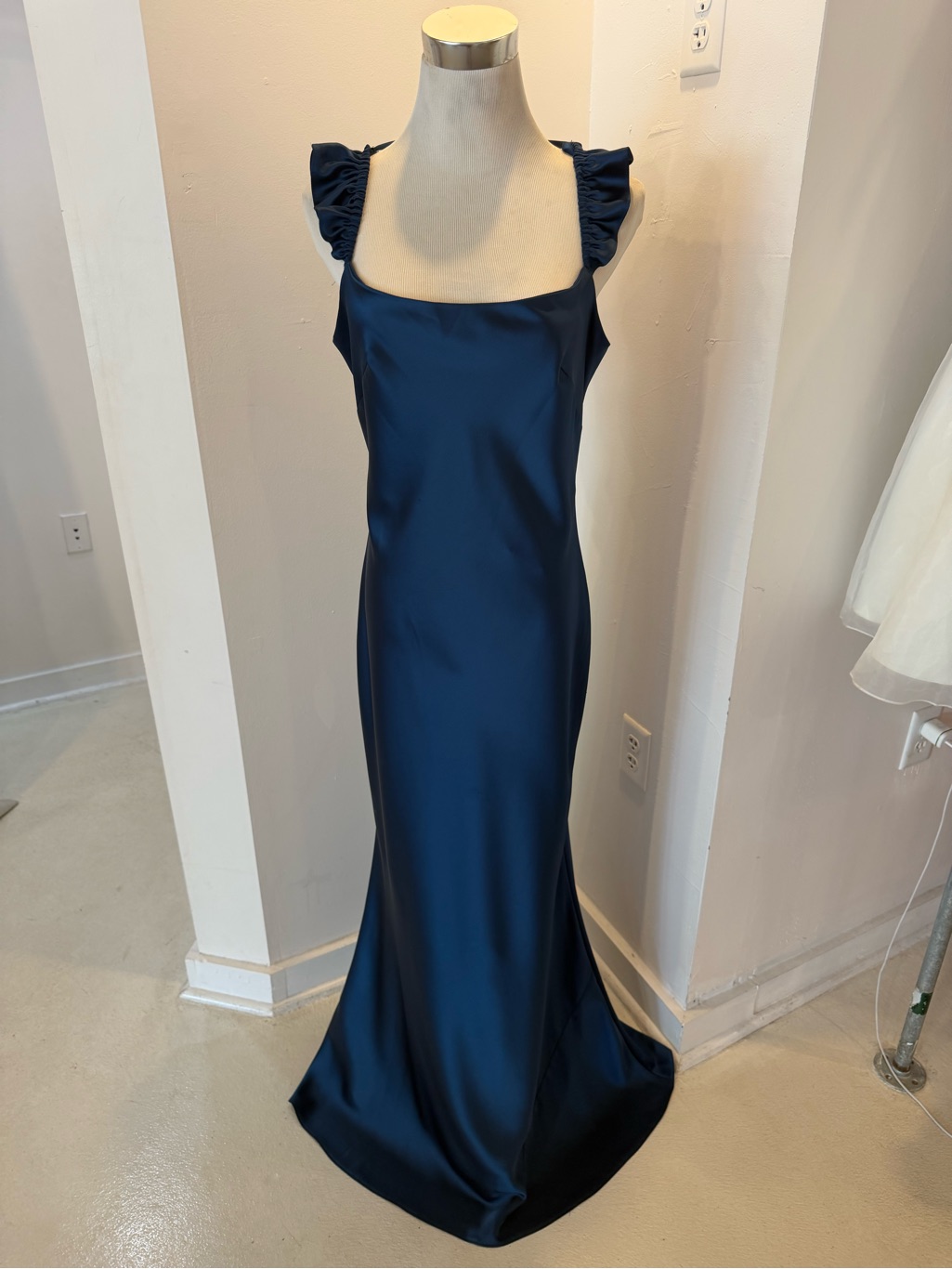 Women's Navy Satin Maxi Dress With Ruffle Shoulder Straps